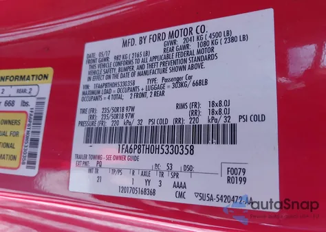 2017 Ford Mustang Ecoboost из США, поврежденный, VIN 1FA6P8TH0H5330358